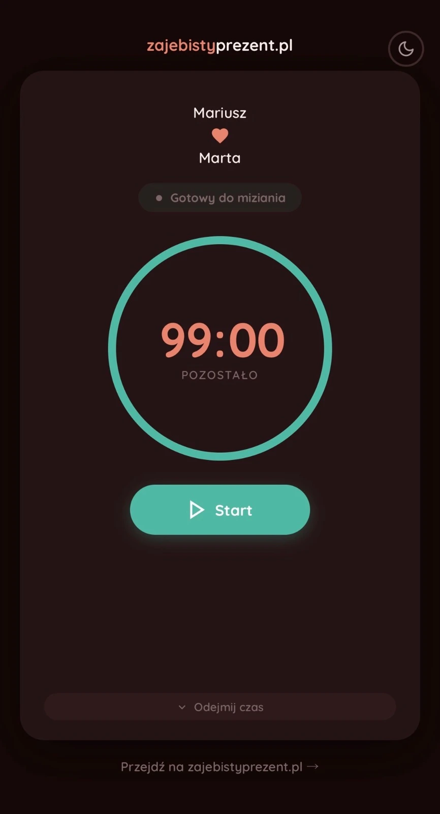 Minutnik miziania 99 minut - ekran startowy z animowanym ringiem