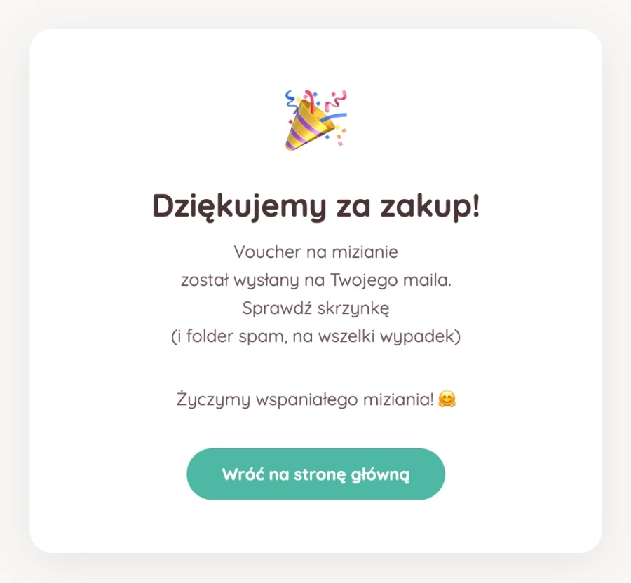 Ekran potwierdzenia zakupu vouchera na 99 minut miziania - zajebistyprezent.pl